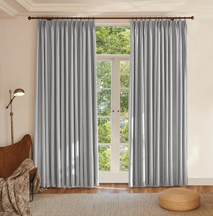 Textured Linen Double Pleated 100% Blackout Curtains for Bedroom/Living Room Blackout Curtains 96 Inches Long, Energy Saving Window Treatment Curtains,52Wx96Lx2,Grey