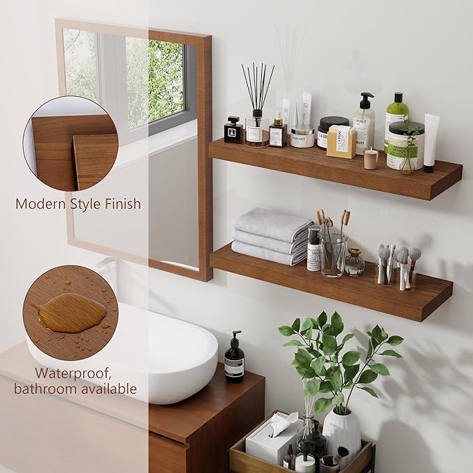 fuqing 24 Inch Floating Shelves Set of 2, Rustic Solid Wood Wall Mounted Shelves for Decor & Storage, Dark Walnut Shelves for Bedroom Kitchen Living Room - Dark Walnut