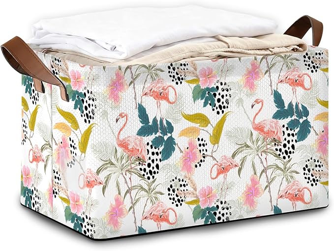 Storage Bin with Handles, Forest Pink Flamingo Collapsible Laundry Baskets for Books, Laundry - Use in Nursery, Closet Organizers and Storage, Blanket Basket