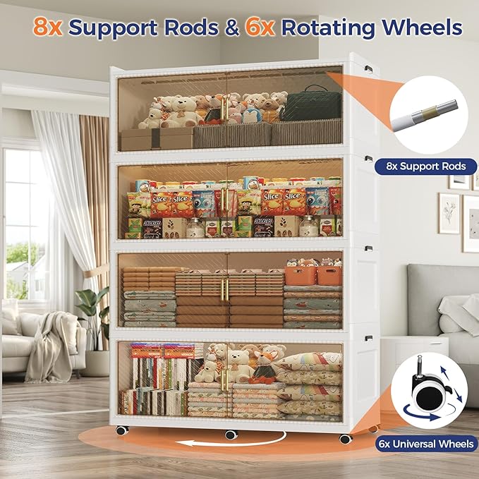 150 Gallon Extra Large Collapsible Storage Bin with Lid, 960QT Stackable Plastic Organizer with 6x Wheels, Foldable Drawer Cabinet for Closet, Living Room Office, Kitchen 3Pack, White