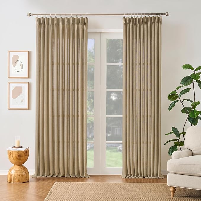 Dark Flax Pinch Pleated Linen Curtains 100 Inches Long Semi Sheer Memory Trained Ripple Fold Curtain with Hooks Back Tab Textured Light Filtering Drapes for Bedroom Living Room 50x100 Set of 2