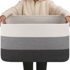 OIAHOMY Large Blanket Basket For Living Room, Rectangle Woven Baskets for Storage, Nursery Toy Storage With Handle-22”x17”x12”-Gradient Dark Grey