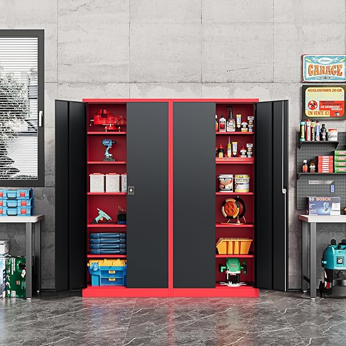 Metal Storage Cabinet-71” Tall Steel File Cabinets with Lockable Doors and Adjustable Shelves-Black&Red Steel Storage Cabinet for Home,Kitchen, School, Office, Garage