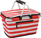 SIYUAN Picnic Basket with Handles 30L Leakproof Insulated Cooler Stripped Grocery Shopping Market Tote for Family Red White