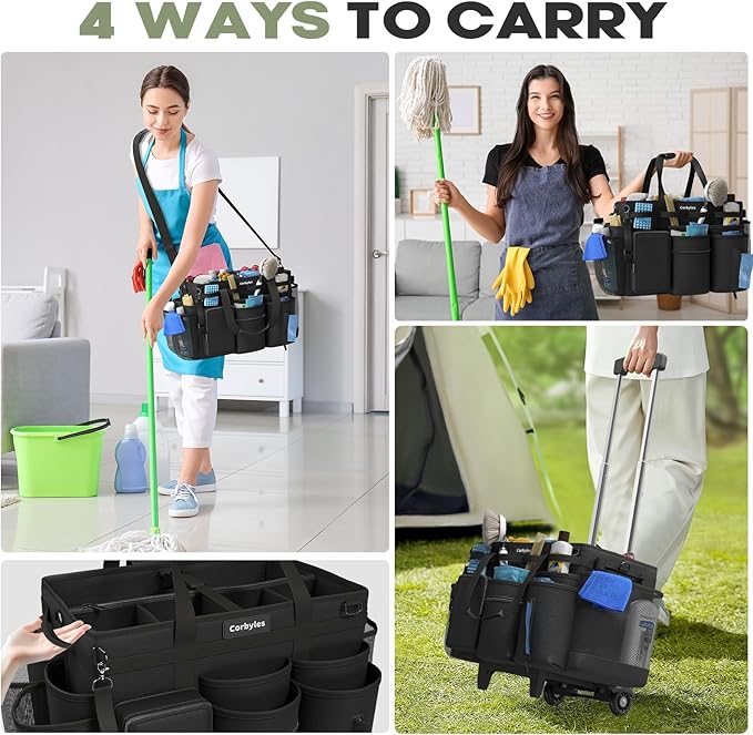 Rolling Cleaning Caddy Bag with Detachable Trolley, Cleaning Supplies Organizer Cart on Wheels, Cleaning Supply Caddy for Housekeepers (Black, 11.5" Dx15.7 Wx13 H)