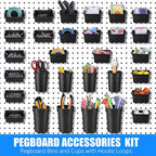 Sieral 64 Pieces Pegboard Bins Pegboard Cups with Hooks and Loops Peg Hooks Assortment Organizer Accessory for Organizing Accessories Tools Storage Office Workshop Garage Workbench (Black)
