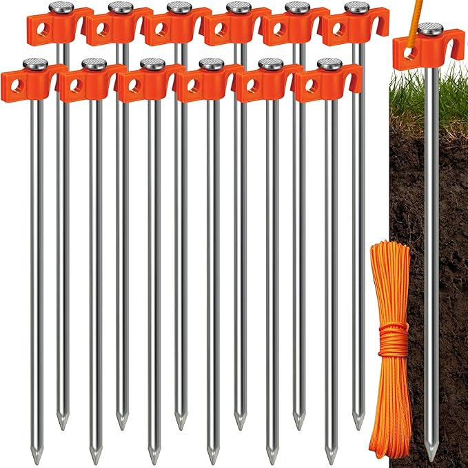 Tradesparker Tent Stakes 12-Pack 8Inch Heavy Duty Garden Stakes Canopy Anchors Double-Sided Hook Design - Includes Ropes for Camping Tents, Pop Up Canopies and Outdoor Events, Orange