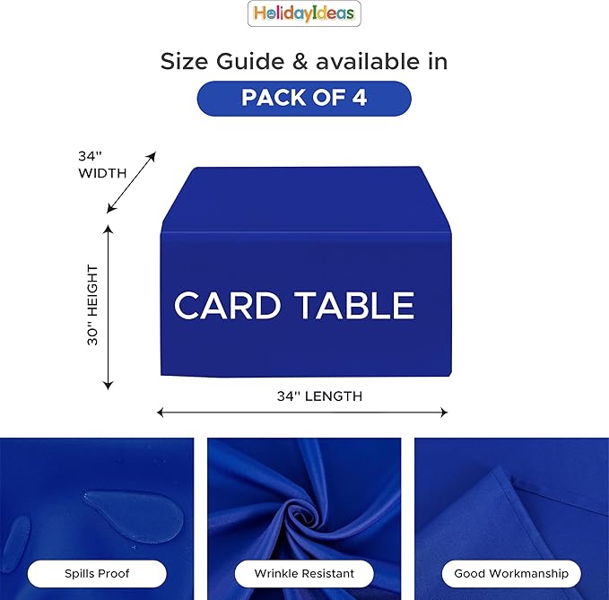 HolidayIdeas Card Table Covers Fitted Square 34x34 Inch, Wrinkle Resistant Washable Small Square Tablecloth 3 Ft for Folding Table, Royal Blue, Set of 4