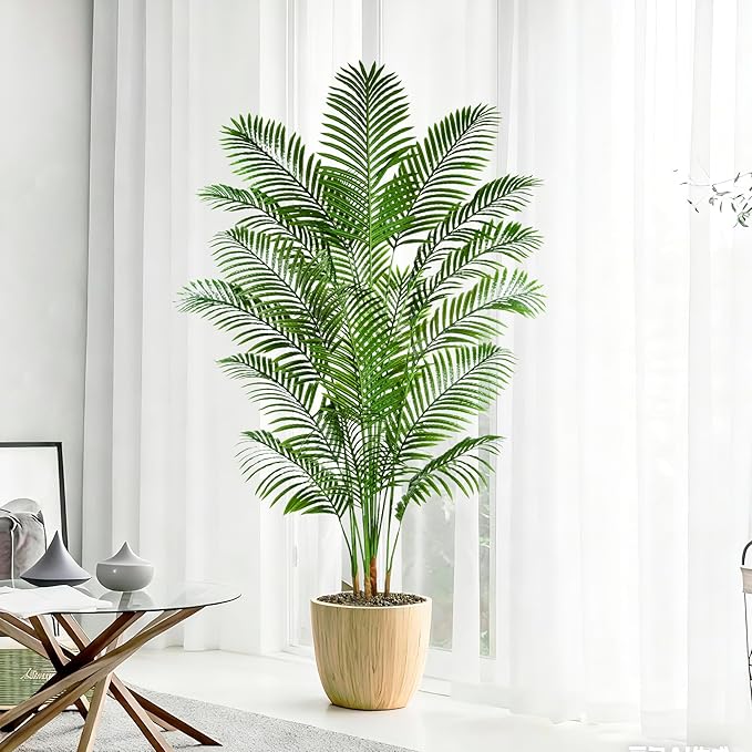 2 Pack Artificial Palm Tree 7FT Artificial Plants Indoor Tropical Fake Palm Tree Areca Floor Plant in Black Pot with 18 Trunks & Real Bark Design, Faux Palm Plant for Outdoor Patio Home Office Decor