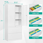 SISESOL Storage Cabinet Metal Display Cabinet with Glass Doors, 71in H x 31.5in W x 15.7in D, White, Kitchen Pantry Cabinet for Home Office, Bathroom, Bedroom, Living Room