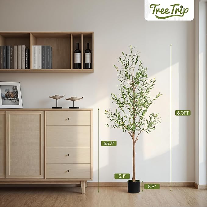 2 Pack Artificial Olive Tree 6FT, Tall Faux Olive Trees for Indoor Outdoor, Realistic Potted Plant Natural Wood Trunk, Leaves and Fruits for Home Office Decor (2, 6FT)