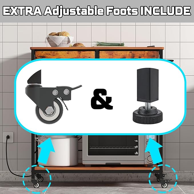 Kitchen Island with Storage,Rolling Kitchen Island Cart with Power Outlet,Industrial Kitchen Island on Wheels,Kitchen Cart for Home