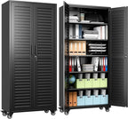 Aobabo Metal Storage Cabinet with Wheels, Locking Steel Storage Cabinet with 5 Shelves,15.75" D x 31.5" W x 71" H, for Garage School Office, Black