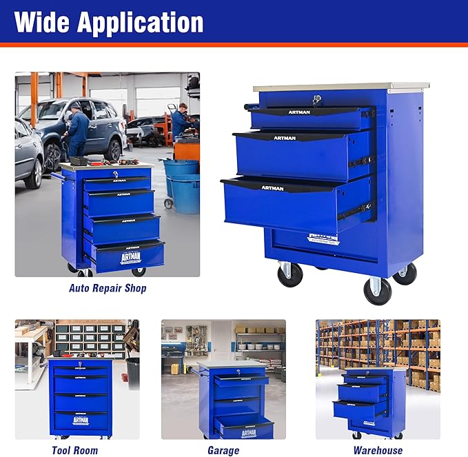 4 Drawers Tool Cart on Wheels with Stainless Steel Worktop, Heavy Duty Mobile Rolling Drawer Tool Chest with Locking Wheels & Lockable Drawers, Garage Tool Storage Cabinet (Blue, 4 Drawers)