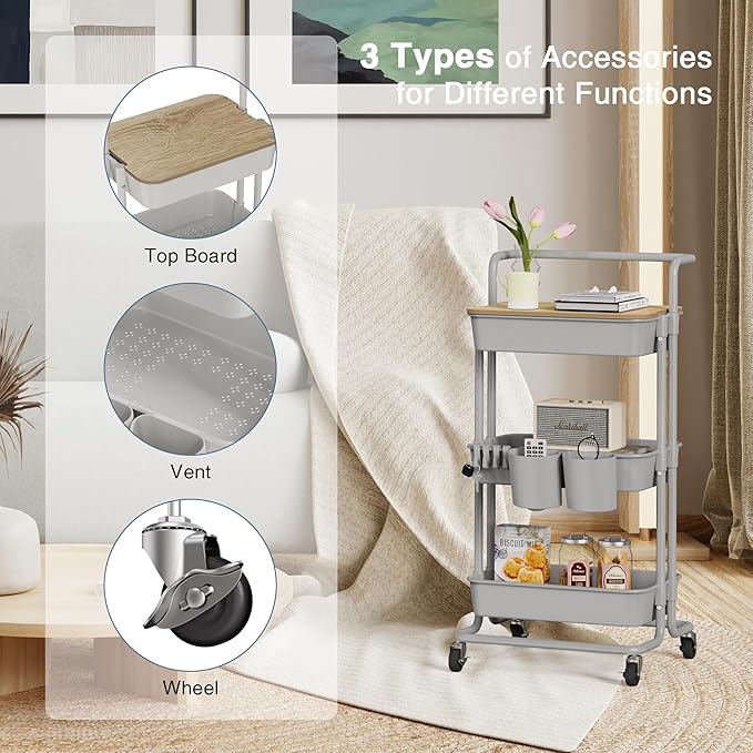 DTK 3 Tier Rolling Utility Cart with Cover Top Board, Movable Kitchen Storage Cart Trolley with Lockable Wheels, Cups, Hooks for Kitchen Bathroom Home Office Art Craft Storage and Organization(Grey)