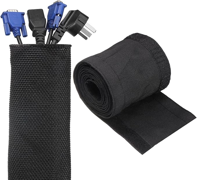 uxcell Hook and Loop Cable Management Sleeve, 10ft x 1 Inch Flexible Cable Wrap Covers Wire Hider, Cord Organizer and Cable Protectors for Desk TV Computer, Black