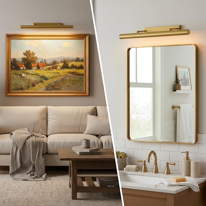 Picture Light, 24 inch Brass Picture Lights for Wall,Hardwired Brushed Gold Picture Lights,270° Rotatable Art Lights, 4-Light Picture Frame Light for Painting Display Artwork Portrait No Bulbs