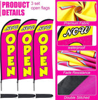 Buryeah 3 Sets Now Open Feather Flag Pole Kit for Business Advertising 7 ft Open Flag Banner Sign with Pole Kit Ground Stake and Portable Bag for Outside Ground(Rose Red)