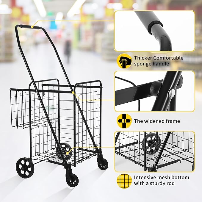 Folding Shopping Cart with Waterproof Liner, Grocery Cart Large Bag with Top Cover, 200 Lb Capacity, Utility Cart with 360° Rolling Swivel Wheels, Medium & Extra Basket