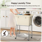 ELYKEN Laundry Cart with Wheels, Rolling Laundry Hamper with Removable Bag and Shelf, Metal Frame Laundry Basket with 4 Casters and 2 Brakes, Ideal for Bedroom, Bathroom, Laundry Room, Cream