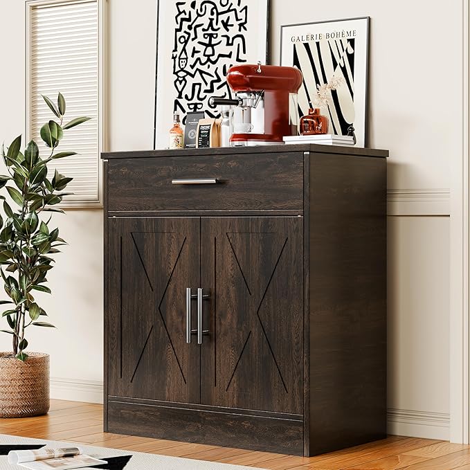 SUNLEI Kitchen Buffet Sideboard Cabinet, Wooden Storage Cabinet with 2 Doors & 1 Drawers, Modern Farmhouse Coffee Bar Cabinet with Storage for Living Room, Adjustable Shelf, Brown
