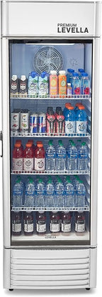 PremiumLevella PRF155DX Glass Door Display Refrigerator 15.5 cu ft Commercial Beverage Cooler Merchandiser With Customizable Lightbox - Silver