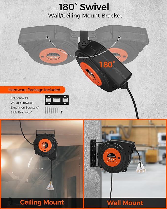 Retractable Extension Cord Reel, 45 FT Heavy Duty Power Cord, 12AWG/3C SJTOW, 3 Grounded Outlets Lighted Triple Tap, 15 Amp Circuit Breaker, UL Listed, Orange B45CR06