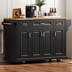 Yayzy Rolling Kitchen Island with Drop Leaf, 4 Cabinet Doors, 3 Drawers & Side Storage Racks, Mobile Kitchen Cart with Rubberwood Top & Locking Wheels for Dining Room & Kitchen, 54-Inch, Black