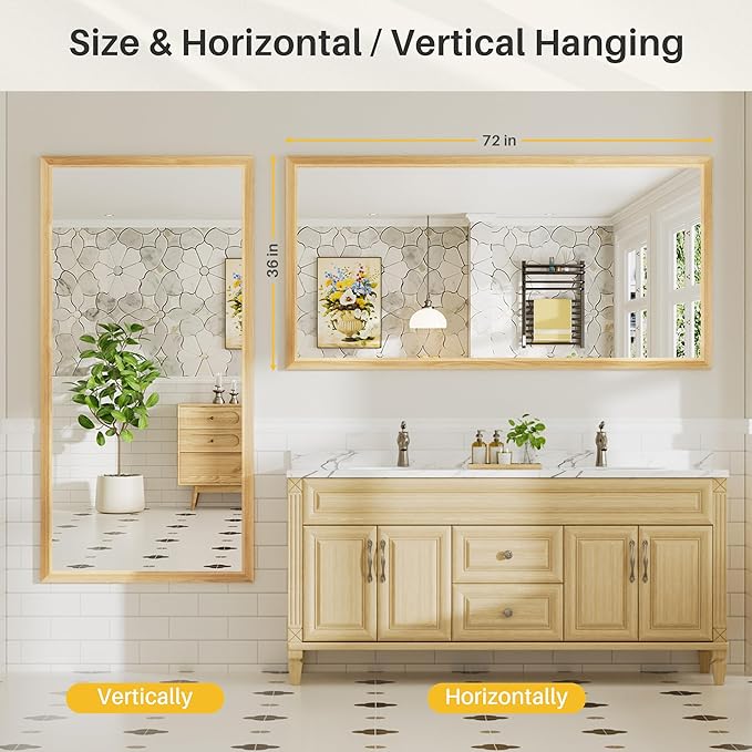 72x36 Inch Bathroom Mirror for Wall, Anti-Rust Oak Wood Grain Metal Framed Bathroom Mirrors for Over Sink,Rectangler Mirrors for Bathroom Vanity, Farmhouse, Bedroom, Living Room, Entryway Decor