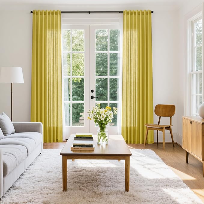 Celery Yellow Curtains 96 Inch Long 2 Panels Set Back Tab Rod Pocket Linen Blend Textured Semi Sheer Light Filtering Boho Decor Curtains Aesthetic Room Decor for Bedroom and Living Room 8Ft 52x96 Inch