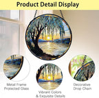 TNUW Willow Tree Stained Glass Window Hanging, Nature Sunset Weeping Willow Tree Sun Catchers Indoor Window Glass Round Wall Art Decor, Nature Landscape Wall Hanging Decorations, 7.9＂x7.9＂