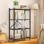 4-Tier Folding Metal Storage Shelf with Wheels, No Assembly Organizer Rack, Heavy Duty Collapsible Shelving Unit for Garage, Kitchen, Basement, Pantry, Living Room(New Upgrade - Black, 4 Tier)