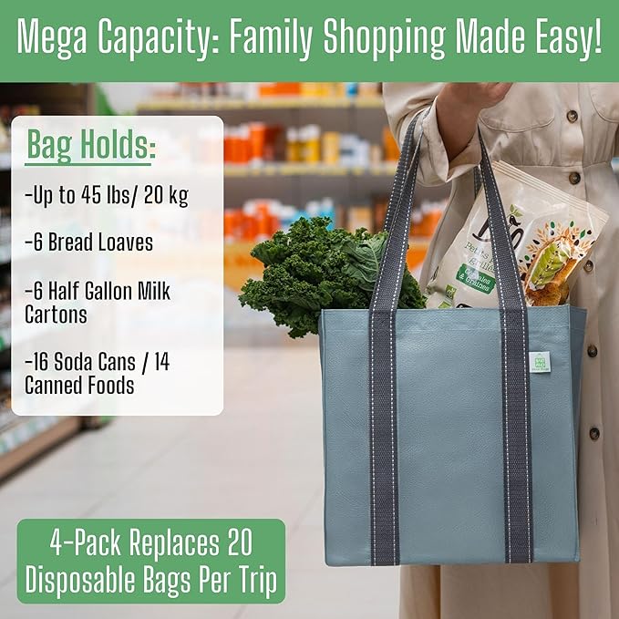 VENO 2-4 Pack Reusable Grocery shopping Bags, Small Tote Bag w/Handle Hard Bottom, Heavy Duty, Foldable Carrier