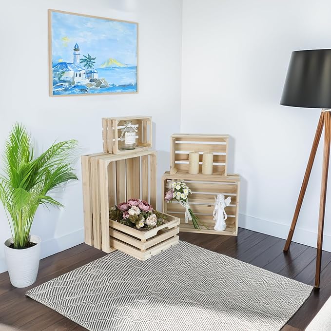 Wooden Crates, Unfinished Set of 5 Large Wood Crates with Handles, Rustic Farmhouse Wooden Crate for Decor, Wedding Birthday Home Party Living Room Kitchen Decoration