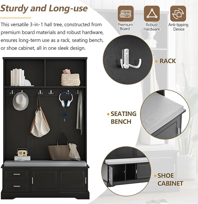 Merax 47.2" Farmhouse Wood Hall Tree with 6 Hooks, 4-in-1 Coat Rack for Entrance,Hallway, Mudroom Bench Cabinet with Shoe Storage Black