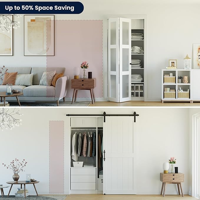 Bifold Doors for 60" x 80-3/4" Opening, 3-lite Tempered Frosted Glass Closet Folding Doors with Hardware kit Included, Easy Assembly, White