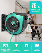 Retractable Cord Reel, 75 FT Heavy Duty Extension Cord, 14AWG/3C SJTOW, 3 Grounded Outlets Lighted Triple Tap, 10A Circuit Breaker, Wall/Ceiling Mounted, UL Listed, Light Green A75CR06