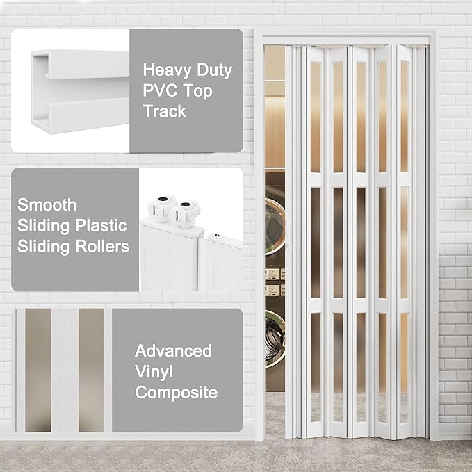 37-48 x 80in Accordion Doors Interior Folding Door, White PVC Accordion Door with 3 Frosted Acrylic Glass with Upgraded Roller & Handle & Complete Hardware, for Closet Bathroom Doorways