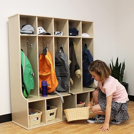 Factory Direct Partners Birch 5-Section Coat Locker with Bench, 10 Storage Cubbies and Coat Hooks; Durable, Sturdy Furniture for Home, Daycare, Preschool, Montessori Classroom