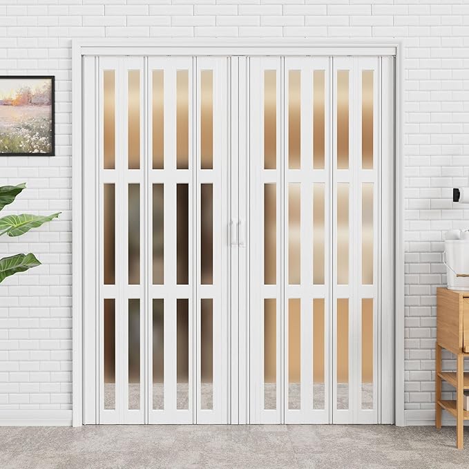 73-96 x 80in (Double 37-48) Accordion Doors Interior Folding Door, 3 Frosted Acrylic Glass PVC Accordion Door with Upgraded Roller & Handle & Complete Hardware for Closet Bathroom Doorways