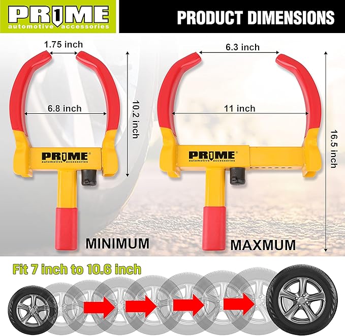 PR1ME Trailer Wheel Lock Clamp, Universal Wheel Clamp Lock, Adjustable Heavy-Duty Security Tires Anti-Theft Lock, for Trailers SUV Boats ATVs Motorcycles Golf Cart with 2 Keys (Yellow-red)