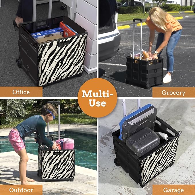 Inspired Living Ultra-Slim Rolling Collapsible Storage Pack-N-Roll Utility-carts, with Telescopic Handle, for Home, Garden, Shopping, Office, School use, Large, Zebra