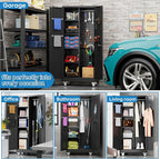 Garage Storage Cabinet with Wheels, Broom Closet Storage Cabinet with Pegboards and Adjustable Shelves, Metal Tool Cabinet with Lockable Door for Garage Home, Black