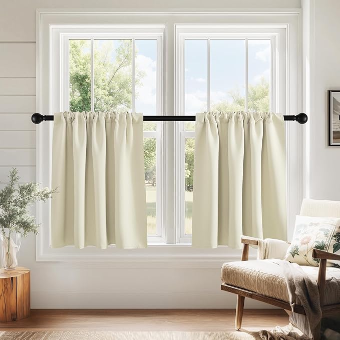 PONY DANCE Beige Kitchen Curtains 24 inch Long, Small Window Treatments Rod Pocket Energy Efficient Short Blackout Curtain Panels for Rv Camper, 29-inch Wide by 24 Long, Light Beige, 2 Pieces