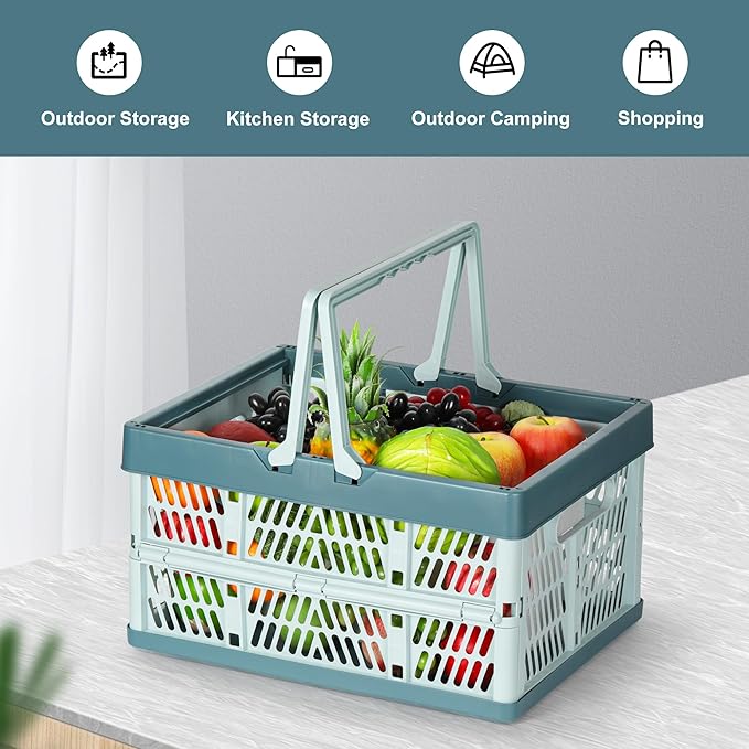 Heavy Duty Plastic Milk Crates for Storage, 2-Pack Stackable Storage Bins for Organizing, Collapsible Shopping Basket with Handle for Groceries, Suitable for Home Office School Store, Blue