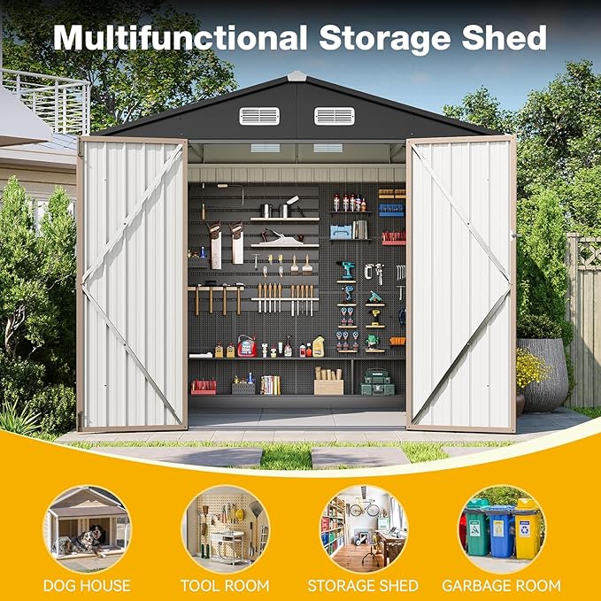 8x6 FT Outdoor Storage Shed with Base & Lockable Double Doors, Heavy-Duty Galvanized Steel Outdoor Metal Shed for Bike, Tool, Generator Storage in Backyard, Patio (8’x6’, Base)