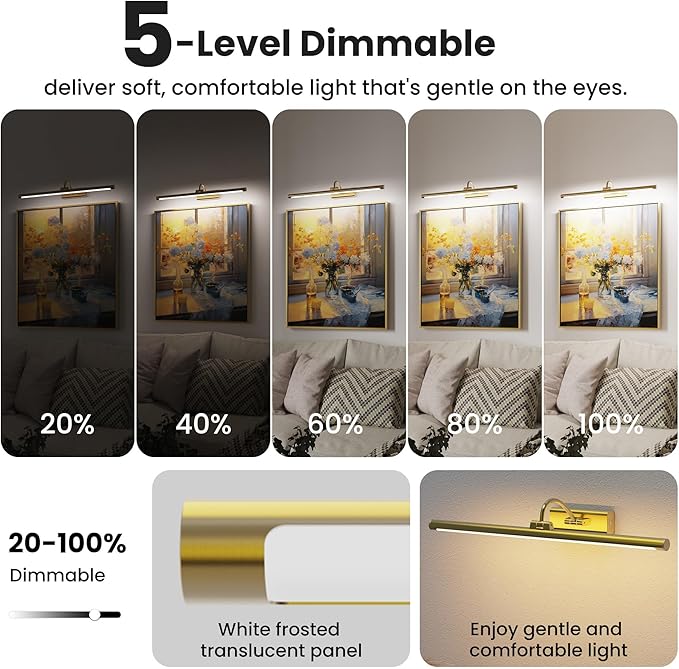 24" Picture Frame Light with 1pcs Extra 8000mAh Battery - Brass Cordless Rechargeable Wall Sconce with Remote for Office, Hallway & Large Art
