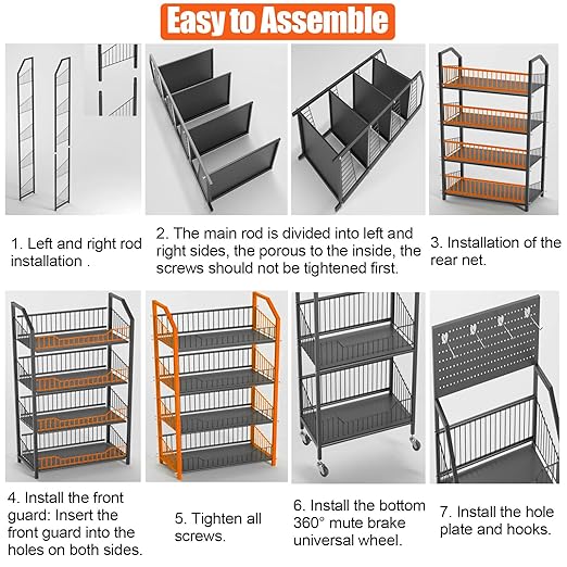 5 Tier Supermaket Snack Rack Heavy Duty, Rolling Retail Display Stand with 15 Hooks & Soild Panel Shelves, Multifunctional Metal Snack Shelf for Store Business