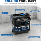 INTERGREAT 3-Tier Tool Cart, Heavy Duty Cart on Wheels, Industrial Mechanic Carts with Drawers and Pegboard, Tool Storage Cart for Garage, Warehouse, Black