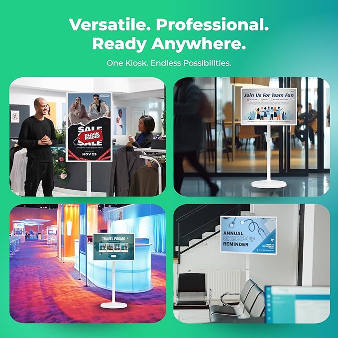 OptiSigns OptiKiosk 32 – Digital Signage Kiosk with 32” Touchscreen, Full HD Display, Preloaded Software for Remote Management, Subscription Required (with Stand & Rechargeable Battery)